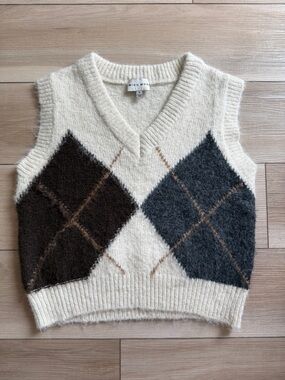 Miou Muse Argyle Wool Sweater Vest Cream Gray Small